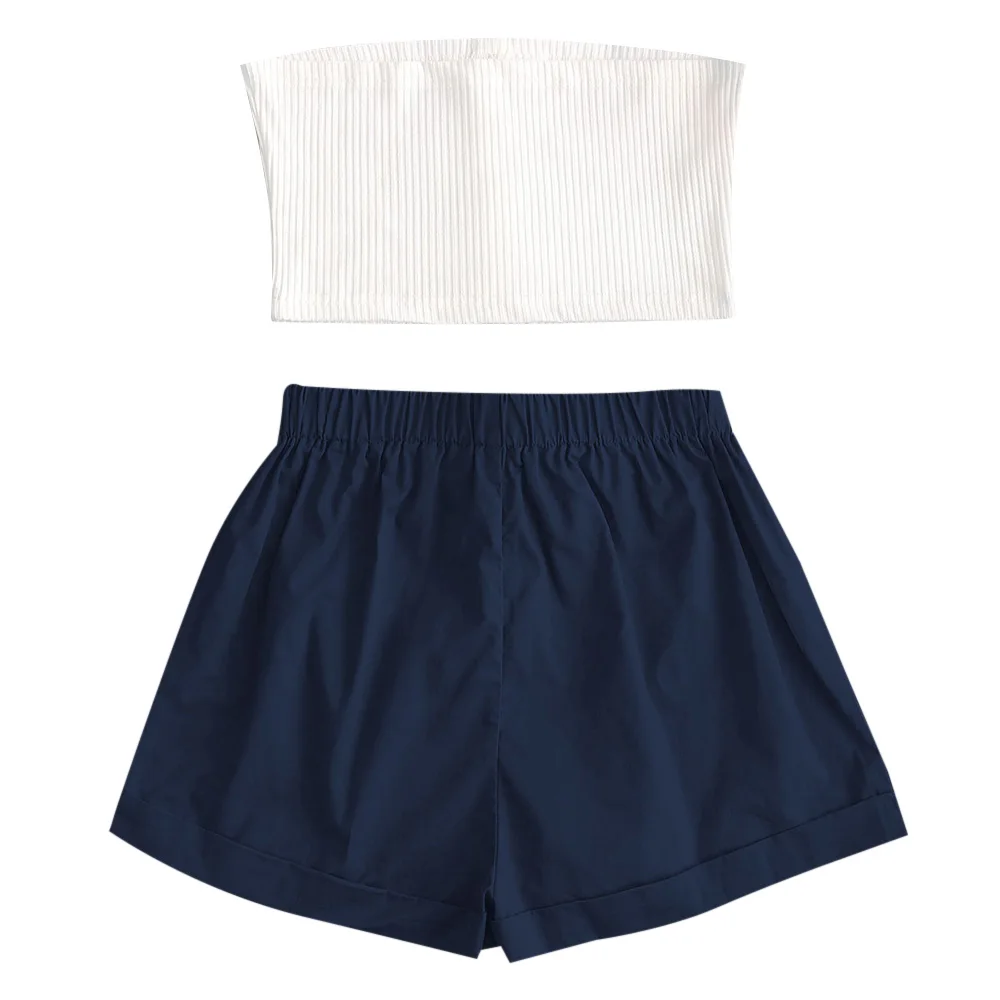 ZAFUL ребристый топ бандо на пуговицах и шорты с завязками женский костюм пляжный