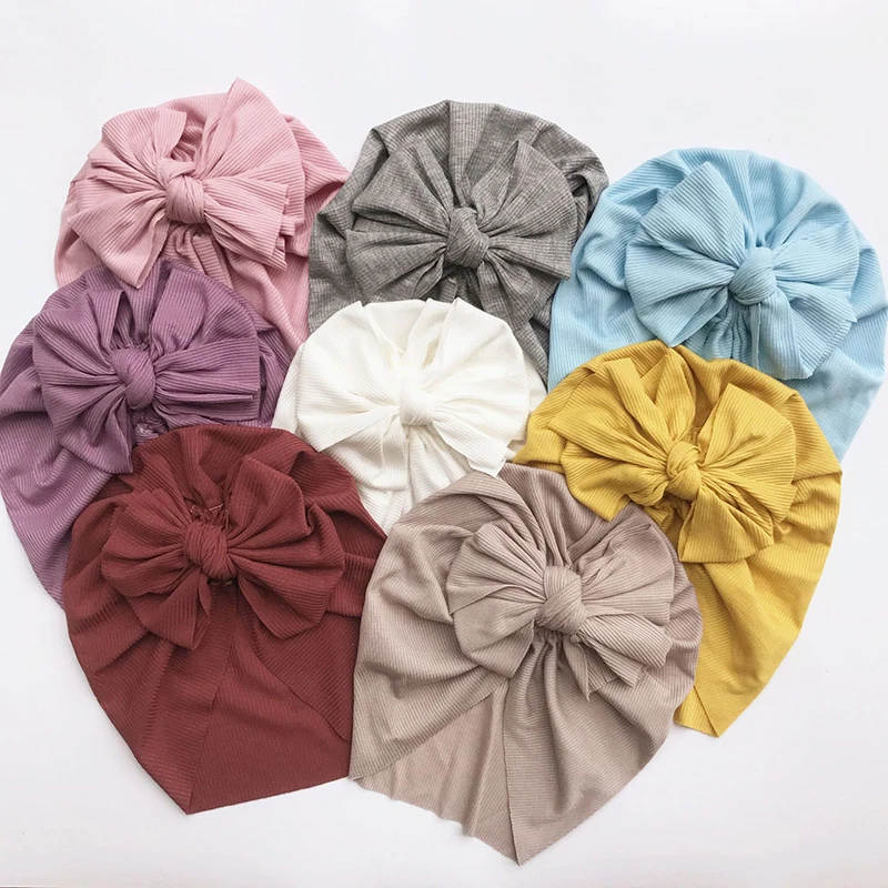 

Solid Color Striped Cotton Bow Indian Hat Baby Kids Sleeping Hat Turban Child Headscarf Headwear Cap Muslim Hijab Girls Bonnet