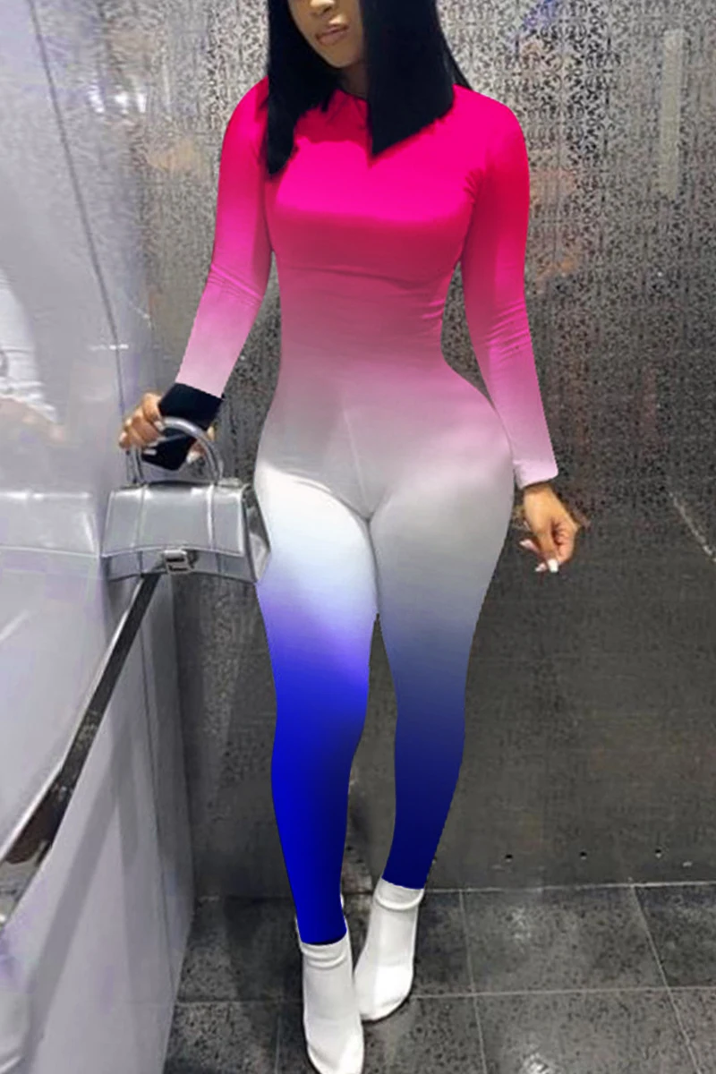 

Autumn New Women Round Neck Jumpsuit Long Sleeve Gradient Color Skinny Bodysuit Clubwear Sexy Romper Streetwear Dating