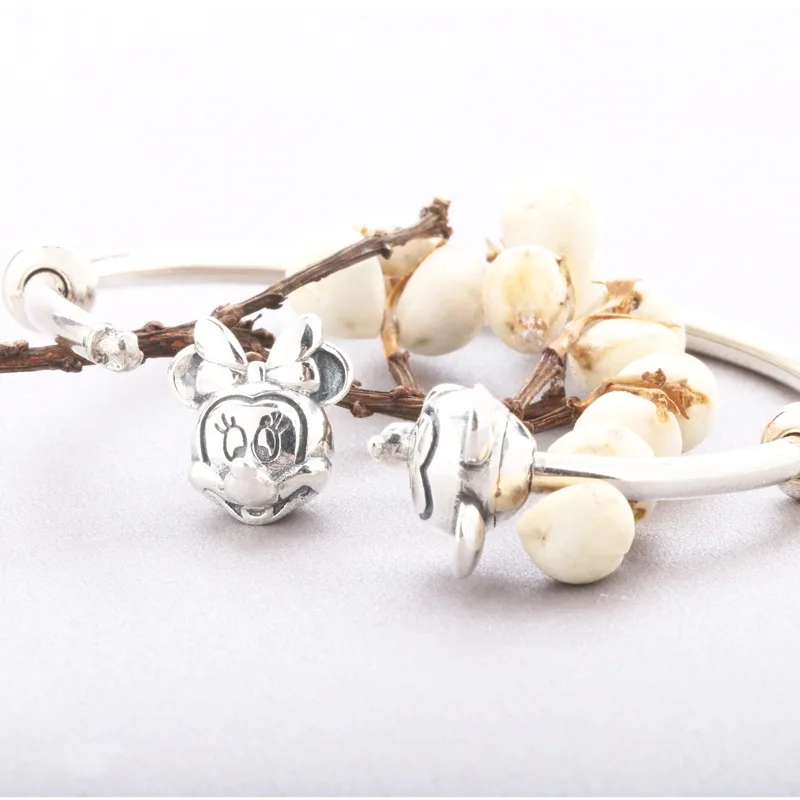

925 Sterling Silver Charm Latest Design Cute Mickey And Minnie Look At Each Other Open Bracelet Jewelry DIY Making For Pandora