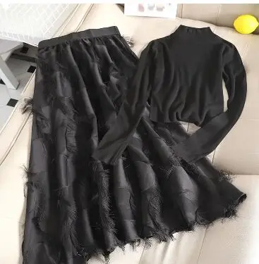 Long Sleeve Amolapha женский однотонный вязаный джемпер Топы+ юбки с бахромой с высокой талией наборы вязаные пуловеры+ средняя удлиненная юбка комплект из двух предметов - Цвет: Long Sleeve