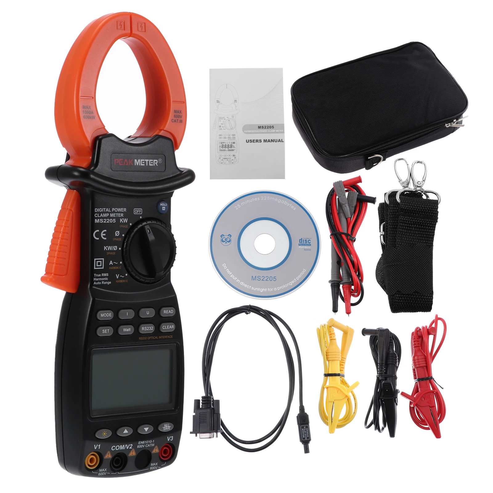 

PEAKMETER MS2205/MS2203 Digital Power Clamp Meter Multimeter 6000 Counts Multifunction Harmonic Power Tester with Test Probes