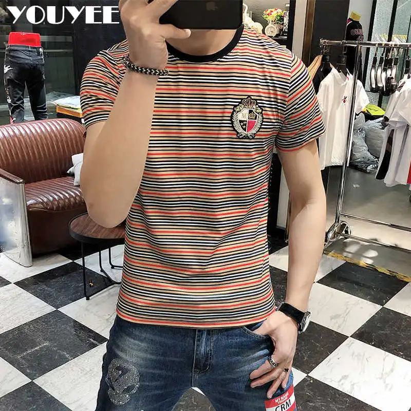 

Striped Men's T-shirt Mercerized Cotton Embroidered Personality Trend High Quality Short Sleeve Summer Male Tee Top Clothing