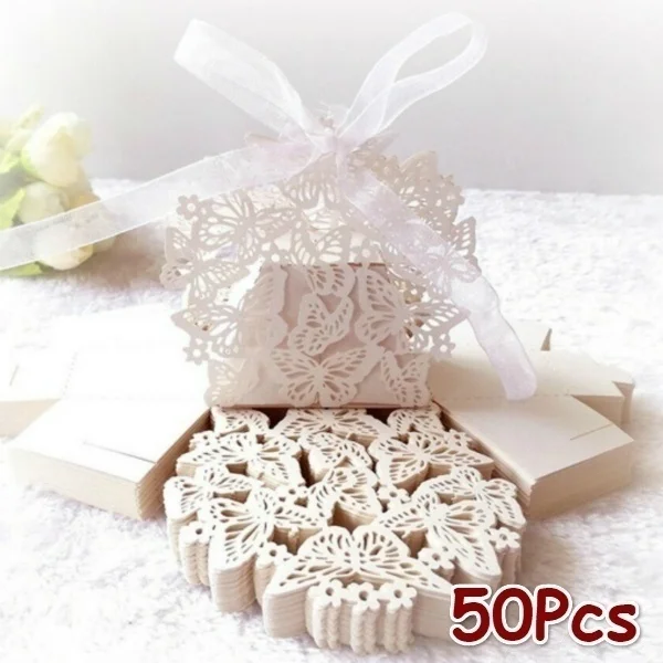 

50pcs Hollow Butterfly Cookie Candy Box Gift Case with Ribbon Wedding Decor