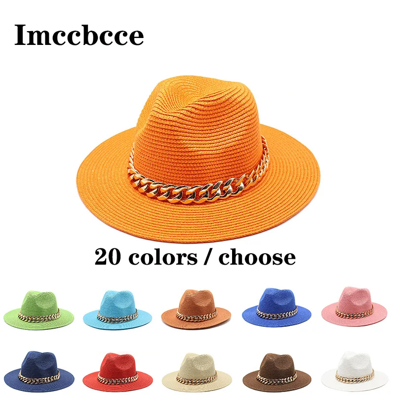 

20 Colors Fashion Sun Hats Summer Straw Hat Casual Panama Beach Hat with Chain Temperament Retro Jazz Caps Fedoras Fisherman Cap