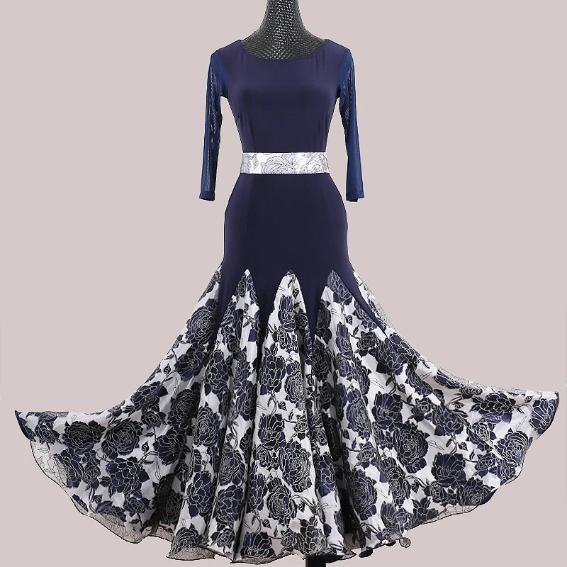 

Женское платье для бальных танцев, синее платье с длинным рукавом и принтом, для вальса, танго, танго