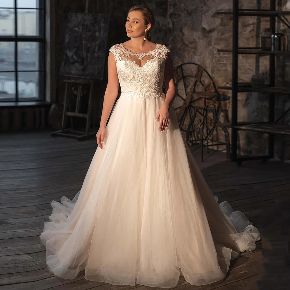 

Women's Sweep Train Bridal Gown Elegant Cap Sleeve Scoop Neck Appliqued A Line Plus Size Wedding Dress Robe Mariee