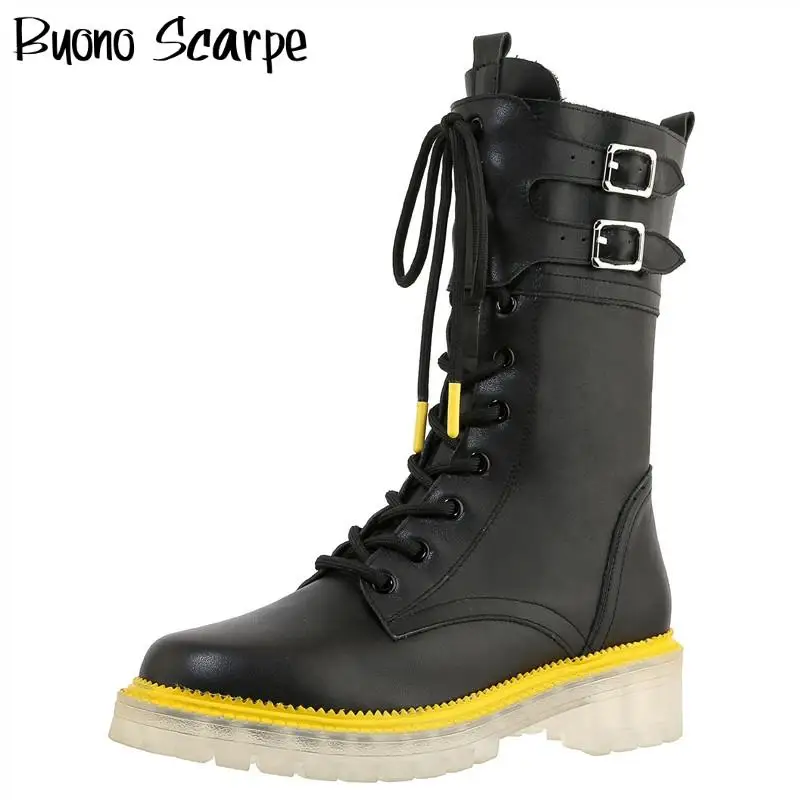 

Platform Clear Heel Motorcycle Boots Genuine Leather Women Shoes Buckles Belt Ankle Boots Lace Up Ladie Casual Shoes Boats Mujer