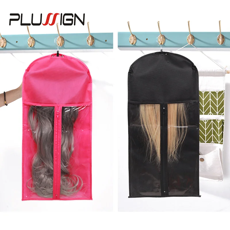 Plussign-Bolsa de almacenamiento para extensiones de cabello, con colgador de madera, funda de transporte con cremallera resistente y duradera, para mechones y pelucas