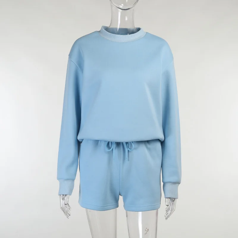 

2021 Home Sports Pants Shorts Suit Pure Color Casual Sportswear Women's Sports 2-Piece Sweatshirt Pullover Sweater Fleece Suit