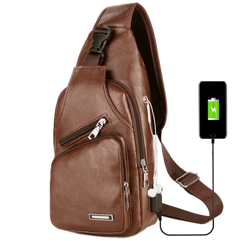 

2022 Men's Leather Chest Bag Single Shoulder Pack Portable Charging Outdoor Leisure Sports Crossbody Bags with USB Port Mochila