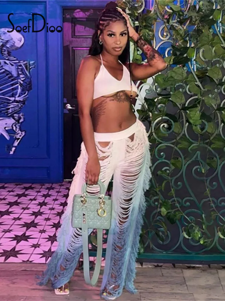 

Женские прямые брюки с высокой талией Soefdioo, брюки контрастных цветов с бахромой и вырезами, осень 2021