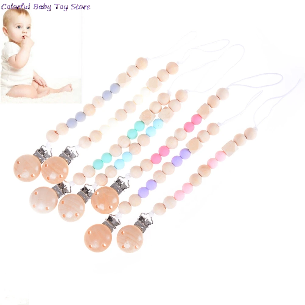 

Silicone And Wood Pacifier Clip Wooden Bead Dummy Clip Holder Cute Pacifier Clips Soother Chains Baby Teething Toy For Baby Chew