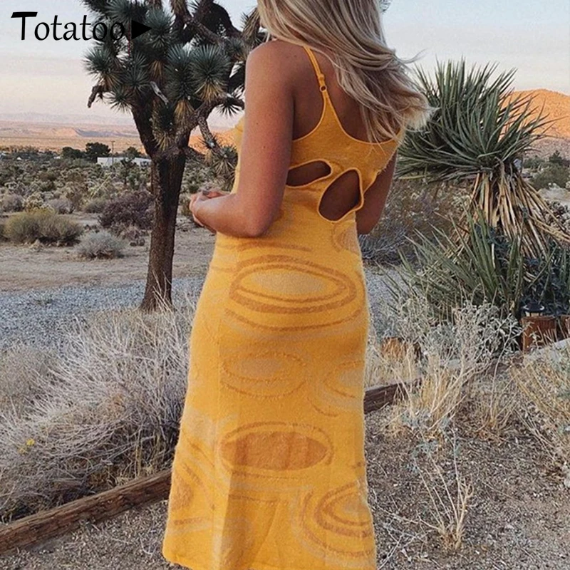 

Totatooop 2021 Tie Dye Print Knit Summer Dress For Women 2021 Y2K Style Strap Hollow Out Bodycon Sexy Beach Holiday Long Dress