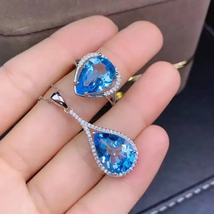 Fidelity Natural 10*14mm blue topaz s925 sterling silver heart fine jewelry sets for women natural gemstone ring Pendant | Украшения и