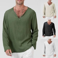 casual linen solid color deep v collar long sleeve mens t shirt men clothing
