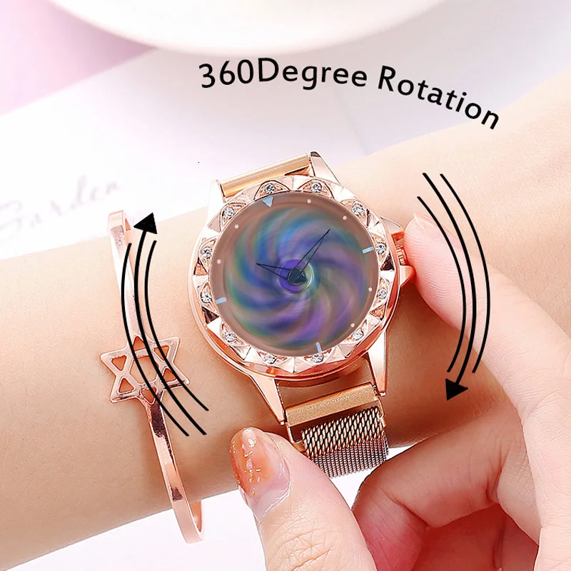 Модные часы с поворотом на 360 градусов женские наручные магнитом розовое золото