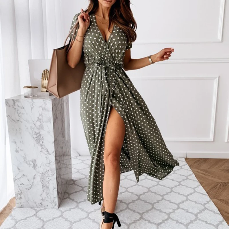 

2020 Polka dot Women's Dress V-neck Summer Wrap Dresses For Women Casual Front Split female Long Dress Office Ladies Vestidos