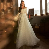 vestido de noiva renda long sleeve lace wedding dresses elegant a line boho wedding gowns off shoulder backless bride dress 2021