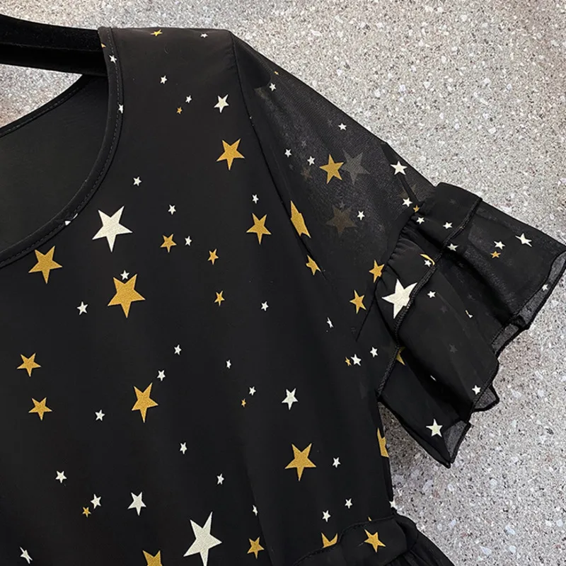 

nkandby plus size summer women`s chiffon blouses 2021 fashion short sleeve waist banding ruffles shirts oversize tops Female