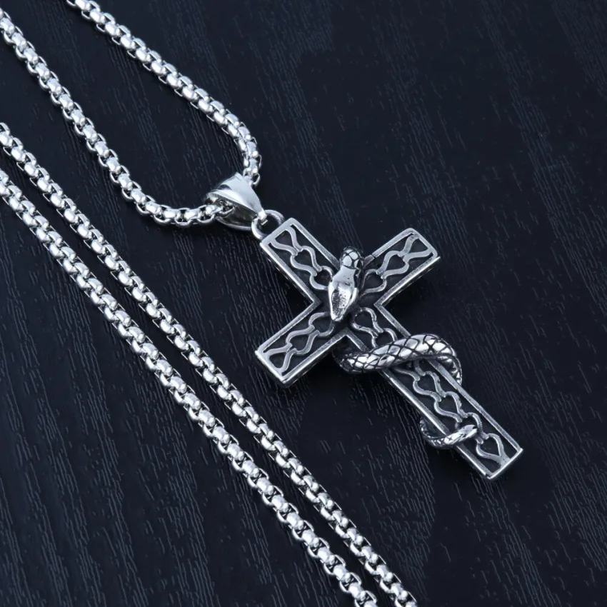 

Vintage Snake Cross Pendant Necklace Men's Gothic Cross Necklace Jewelry