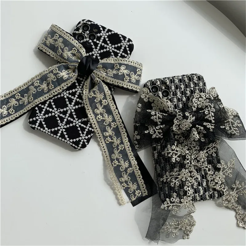 

Black lace bow fashion korean style iphone 11 pro gothic style knitting needles iphone case 11 retro mobile phone case iphone 11