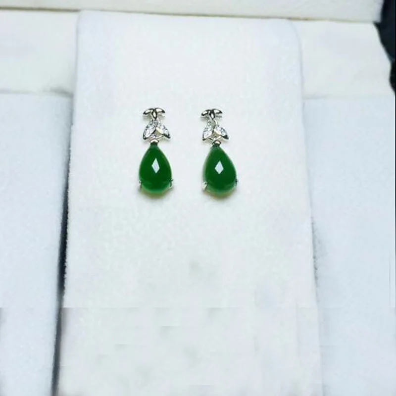NOT FAKE S925 Fine Jewelry Hetian Jasper Water Earrings 925 Sterling Silver Women Handmade emerald green stone | Украшения и