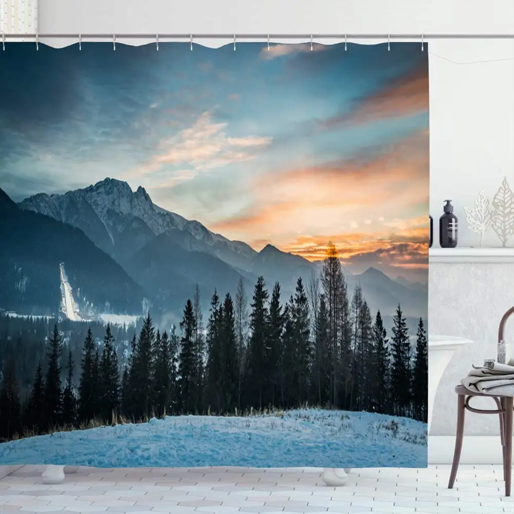 

Winter Forest Sunset Shower Curtain for Bathroom 3D Mountain Snow Skiing Pine Landscape Bath Decor Waterproof Polyester cortina