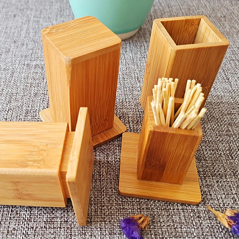 

Natural Bamboo Toothpick Box with Cover Square Coffee Restaurant Hotel Container