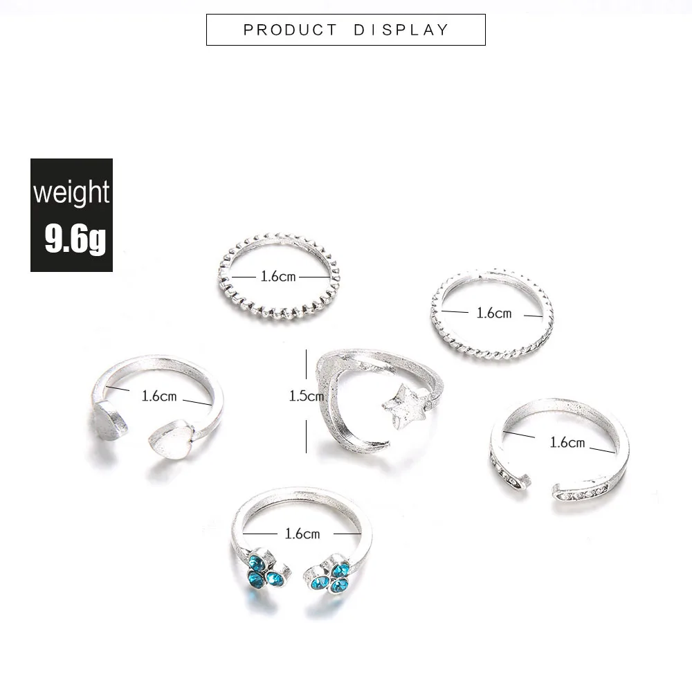 

European and American simple retro stars and moon love opening three blue diamond 6-piece female ring accessories