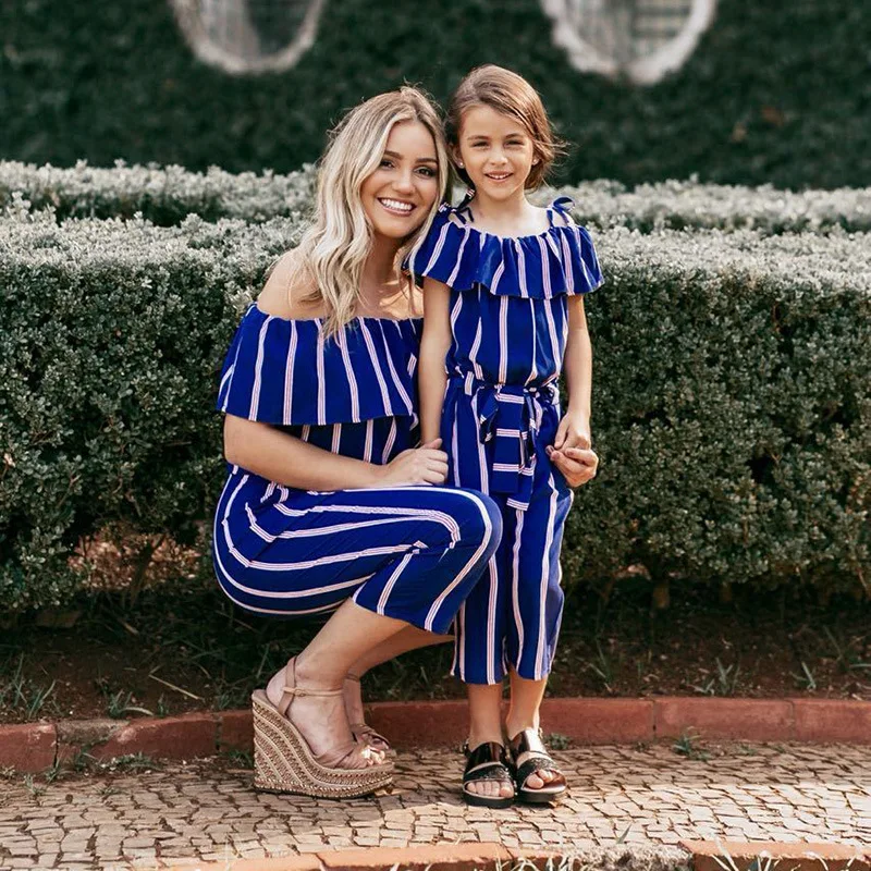 

PPXX Fashion Stripe Jumpsuit Family Matching Clothing Jumpsuits Mother Daughter Dress Mom Girl Kids Family Match Outfit Vestido