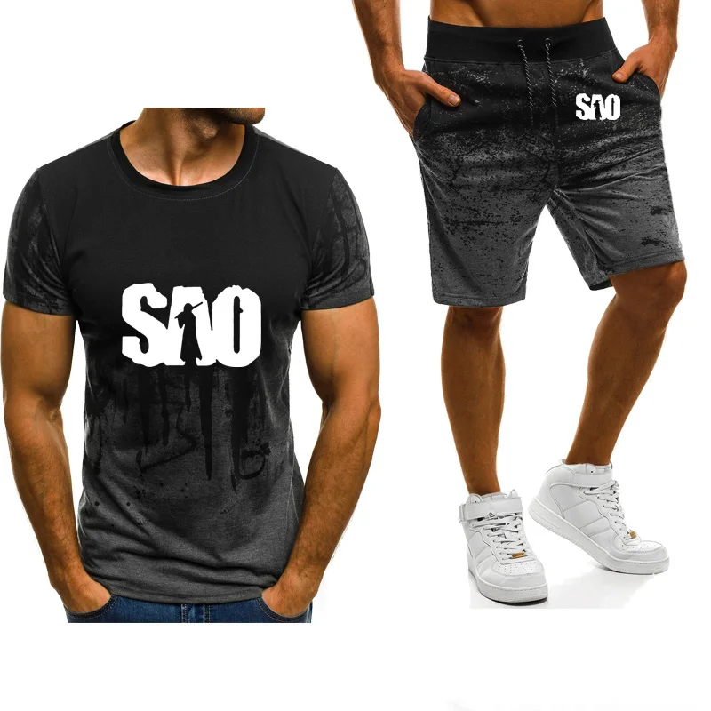 

2020 Summer The New Sao Sword Art Print Fashion Gradient Short sleeve High Quality Cotton Mens T-Shirt+shortssuit 2Pcs suit