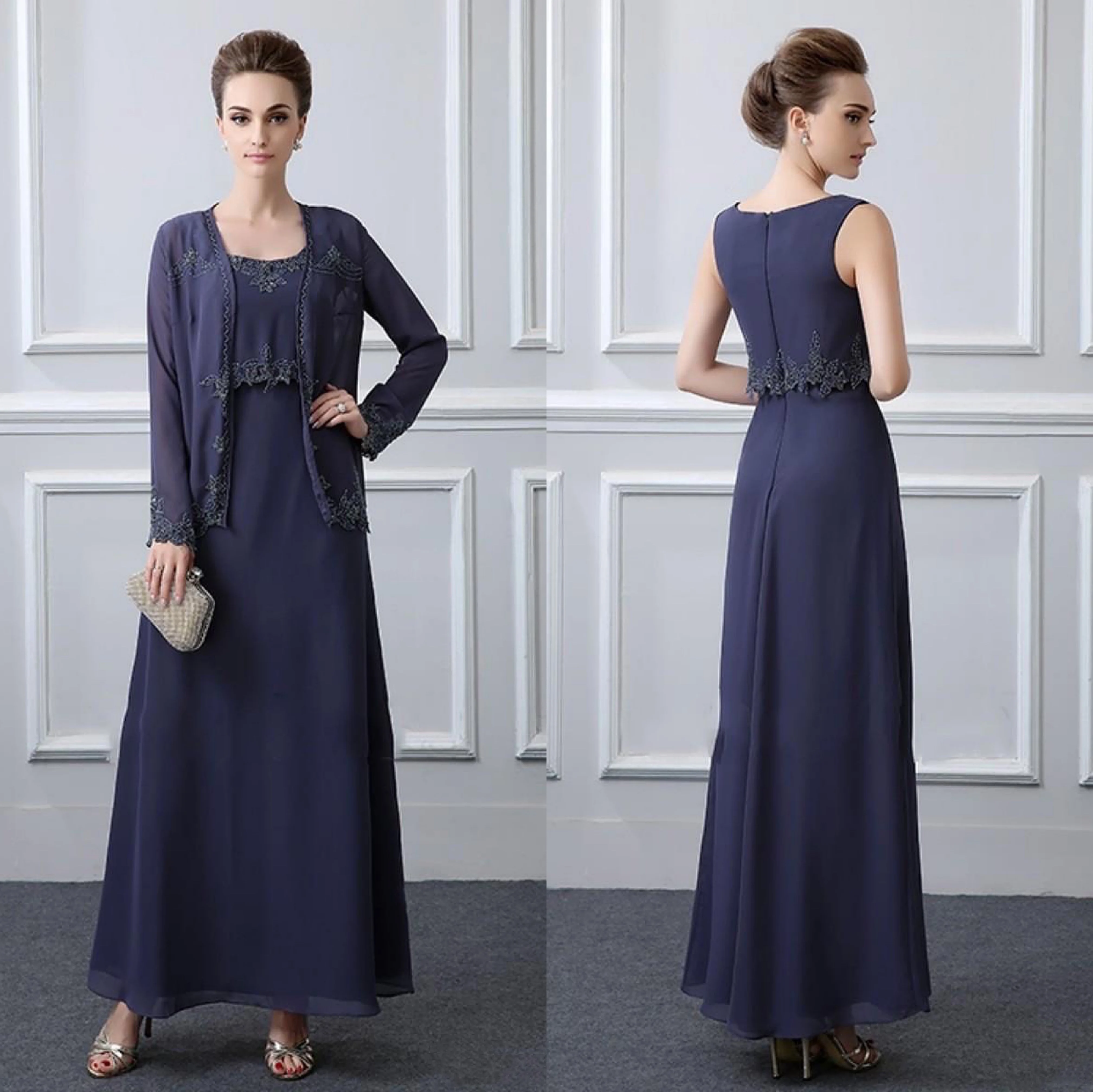 

Navy Blue Lace Mother of the Bride Groom Dresses With Jacket Long Sleeves Chiffon Plus Size Evening Gowns For Wedding Party 2021