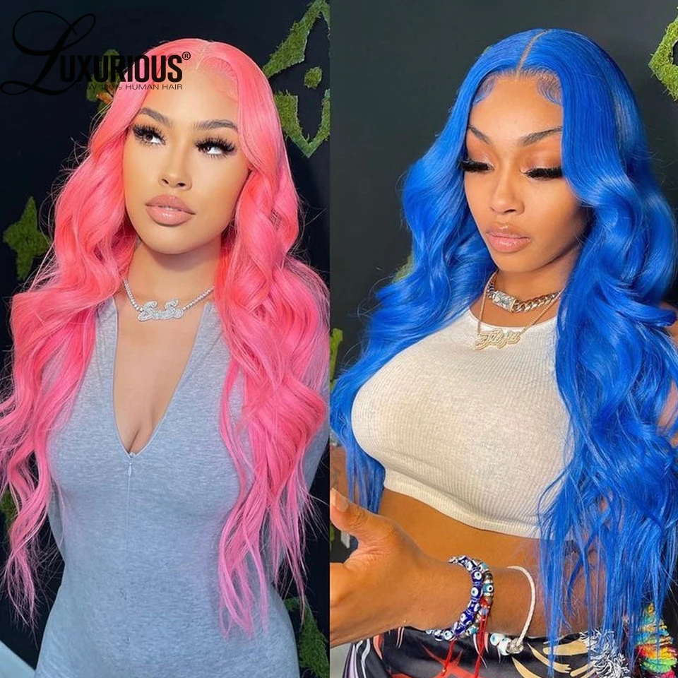 

Transparent Lace Wigs Pink Blue 180 Density Body Wave Colored Human Hair Wigs Colored Wig Ombre Lace Front Wig Brazilian Hair