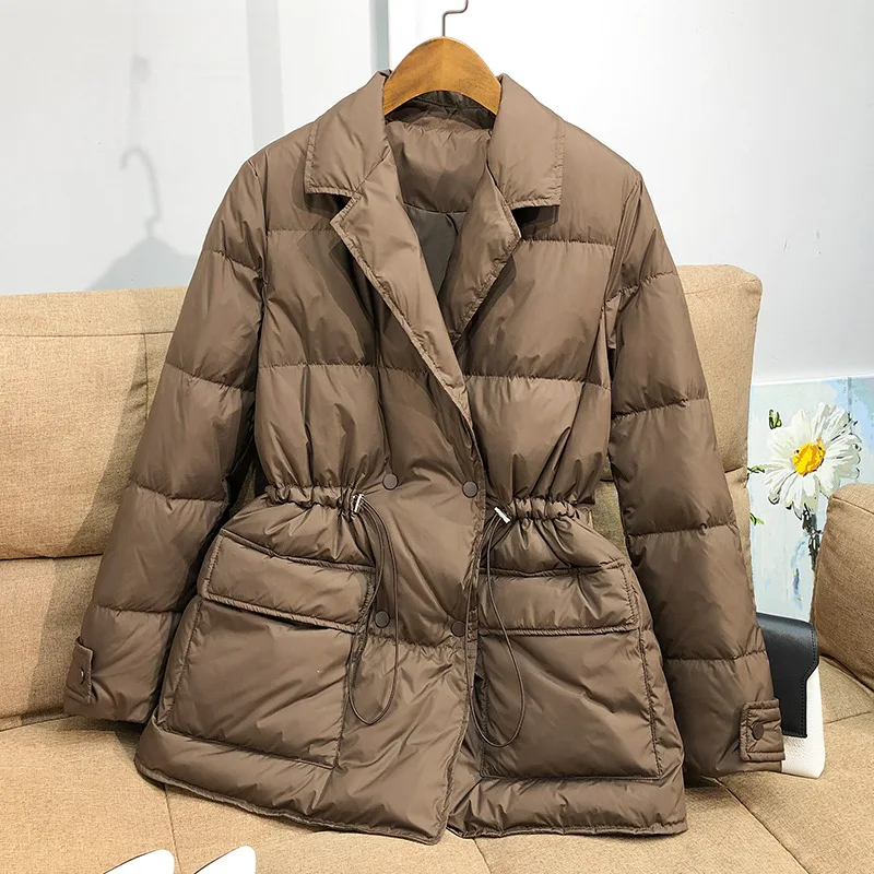 

2021 suit collar down jacket women fashion casual drawstring waist 90% white duck down long-sleeved solid color jacket