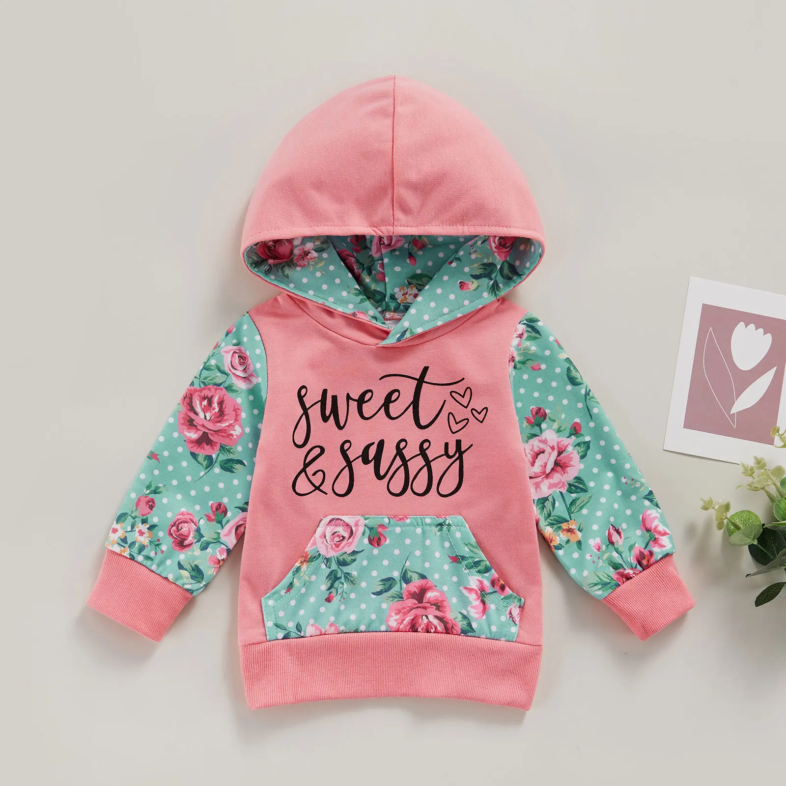 

1-3 Years Infant Baby Girls Hooded Sweatshirt Long Sleeve Floral Dot Letter Print Pullovers Autumn Winter Warm Tops