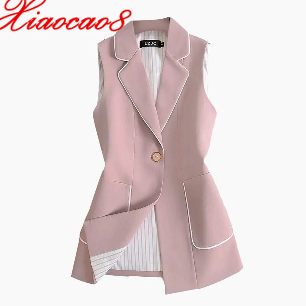 

Autumn New Women's Suit Vest Pink Black One Button Vests For Women Elegant Sleeveless Jacket Coat Oversize Waistcoat Office Lady