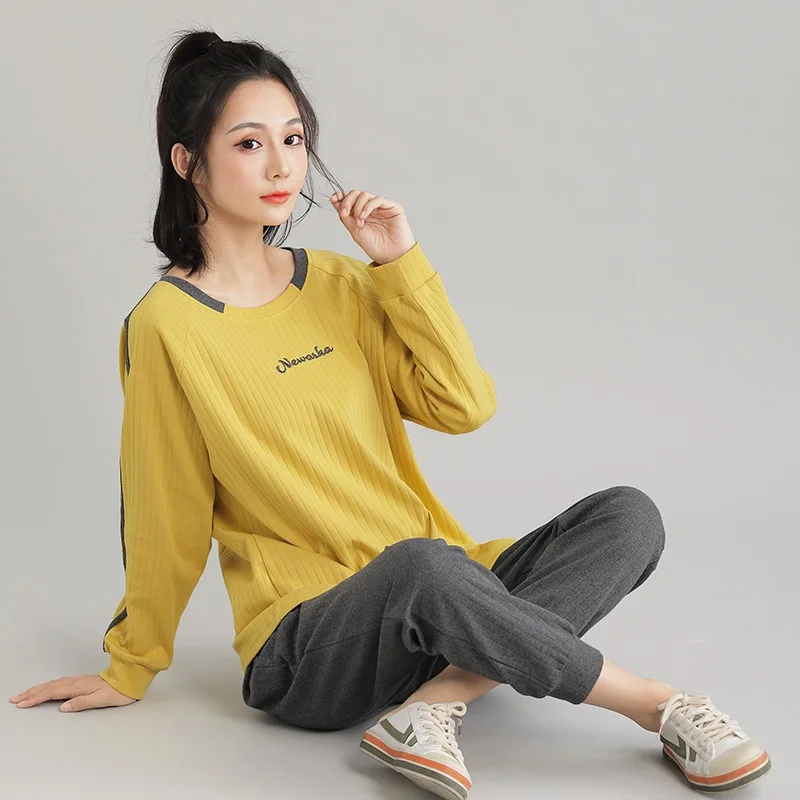 

Pajamas women's autumn and winter new style cotton round neck casual student suit cotton home service pajama pants home suit
