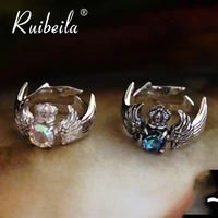 ruibeila trend angel wings ring 100 925 sterling silver crown female gemstone ring opening adjustable size couple ring