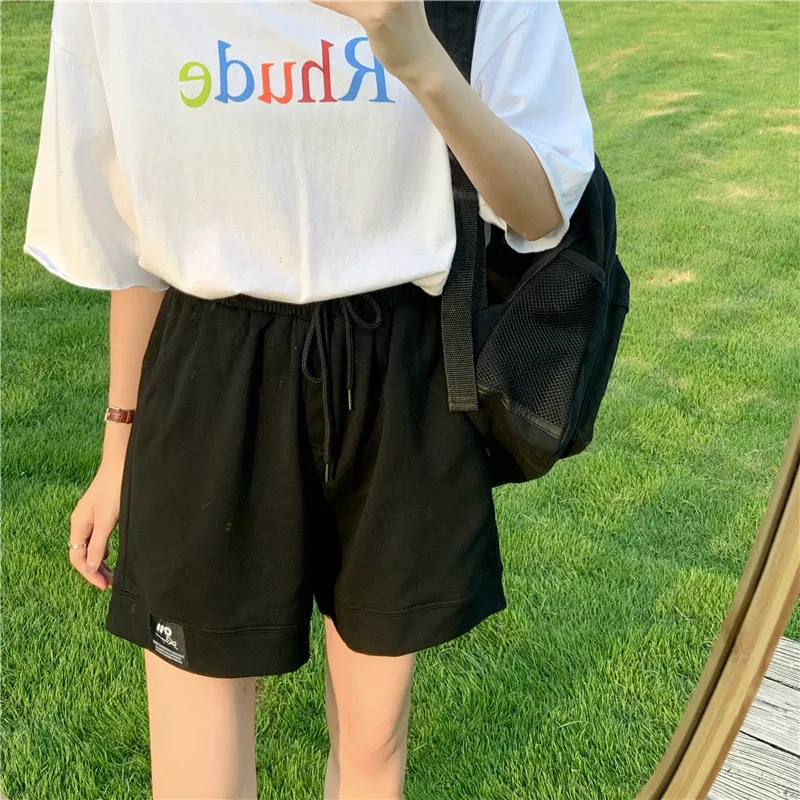 

DAYIFUN Pants Women Summer 2021 Korean Loose Straight Ins Harajuku Style Casual Knee Length Elastic Waist Wide Leg Sports Shorts
