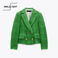 hwlzltzht women 2021 fashion double breasted tweed blazer coat vintage long sleeve female outerwear chic veste femme