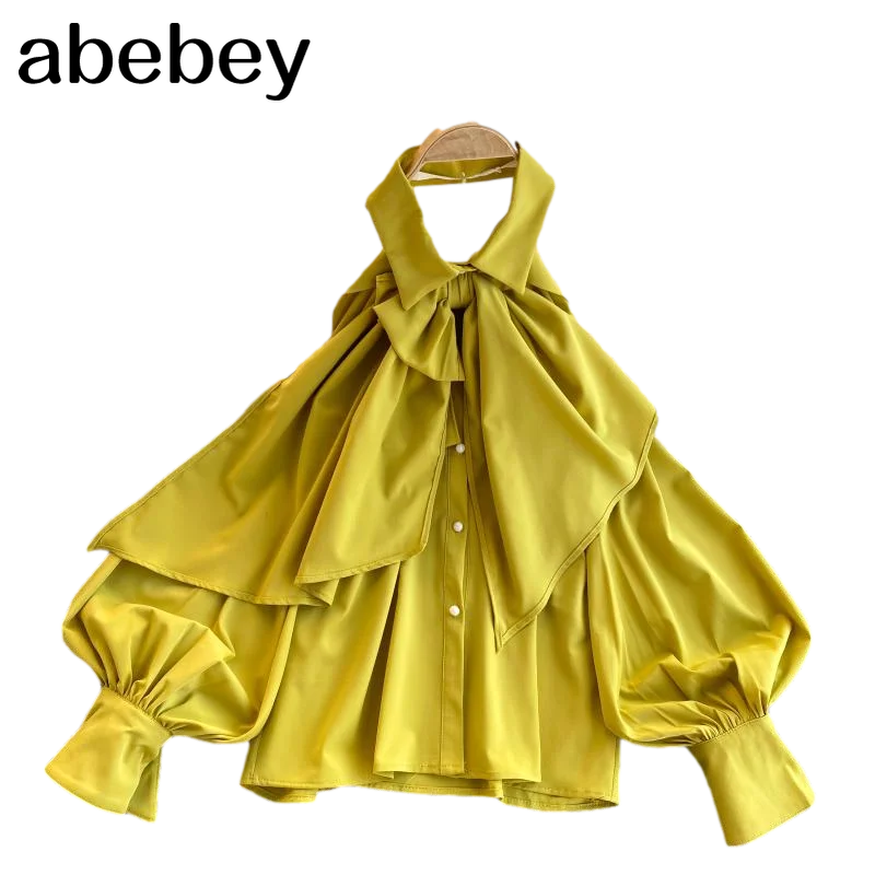 

2021 Spring Autumn New Blouse Women Halter Scheming Halter Shirt Bowknot Lapel Puff Sleeve Female Top