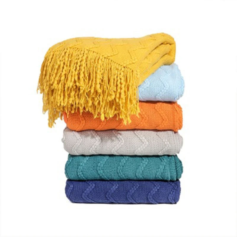 

Winter Nordic Portable Pure Color Water Wave Knitted Blanket Bed Decoration Home Travel Picnic Nap Blanket Soft Tapestry