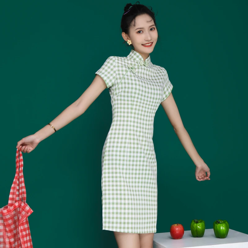 

Облегающее мини-платье в китайском стиле для девушек, зеленое клетчатое красивое повседневное платье для студенток, винтажные платья с зав...
