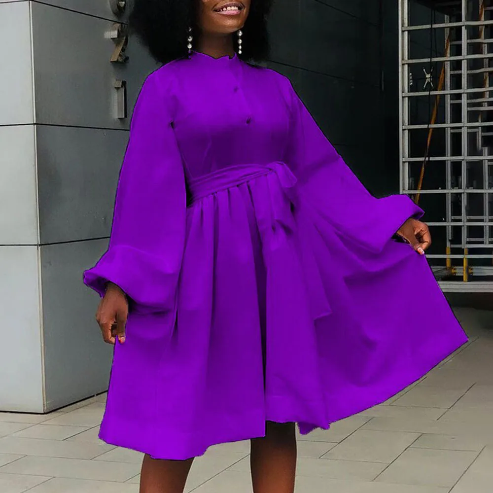 

New 2021 Oversize Fashion Casual Western Style Solid Color Lantern Sleeve High Waist Women's Dress Temperament Puffy Dress