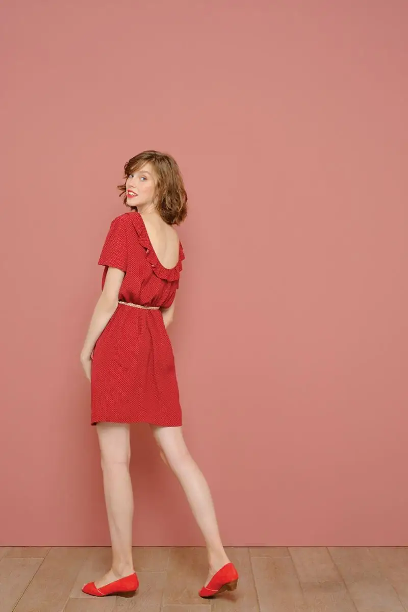 Мини платье с круглым вырезом коротким рукавом и принтом в горошек|Женские