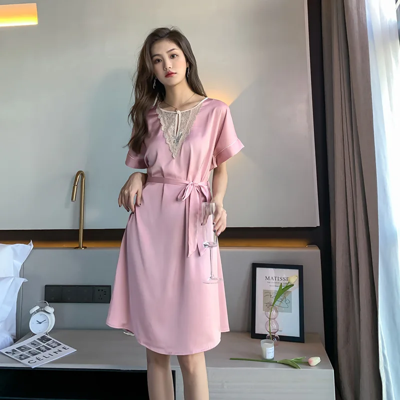 

Размера плюс, женская ночная рубашка ночнушка из искусственного шелка Сексуальная Открытая кружевная ночная рубашка, одежда для сна, свобо...