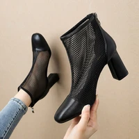 european and american sexy square head high heel slimming net red chunky heel mesh boots all match back zipper martin boots