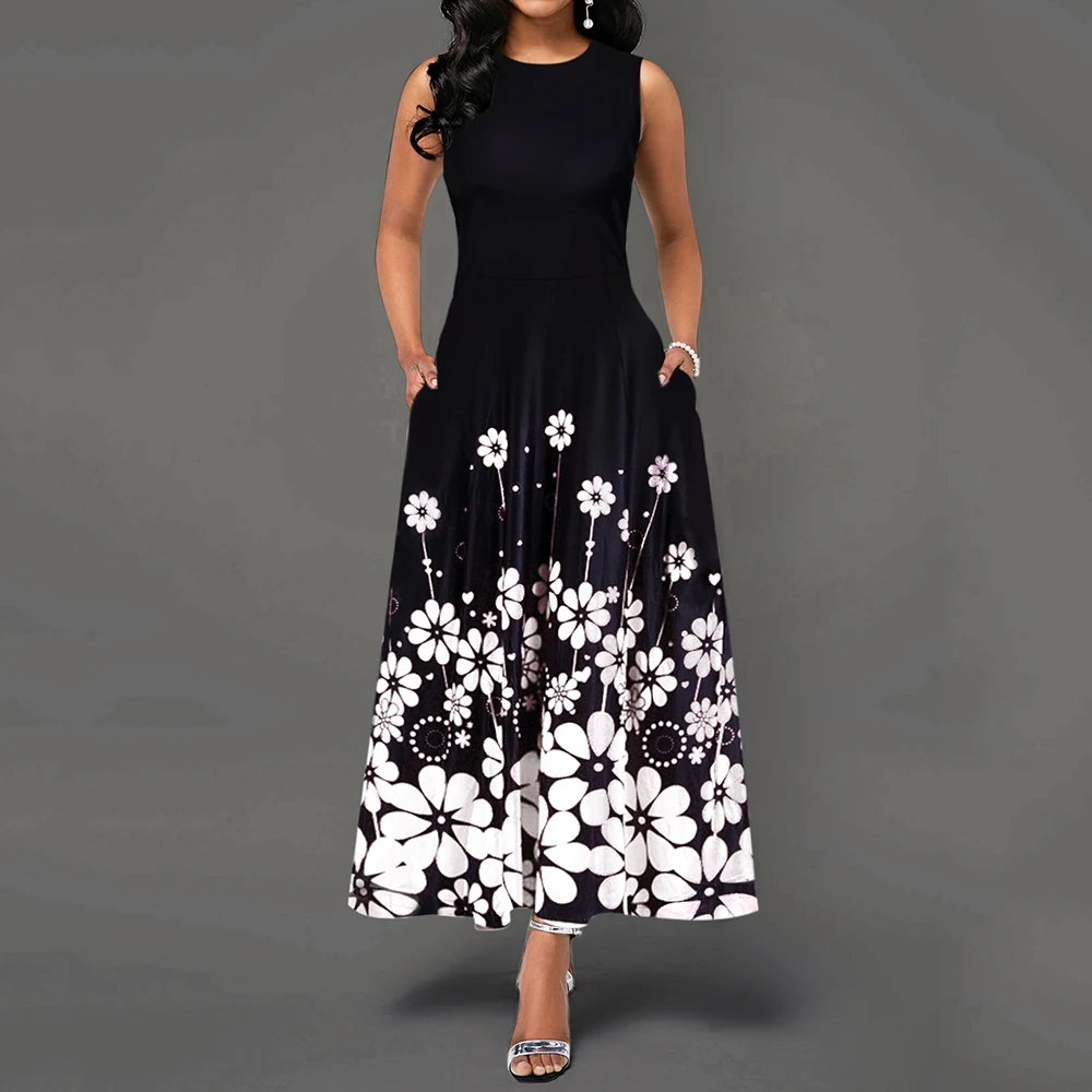 Черный круглый вырез горловины без рукавов Цветочный принт элегантное вечернее