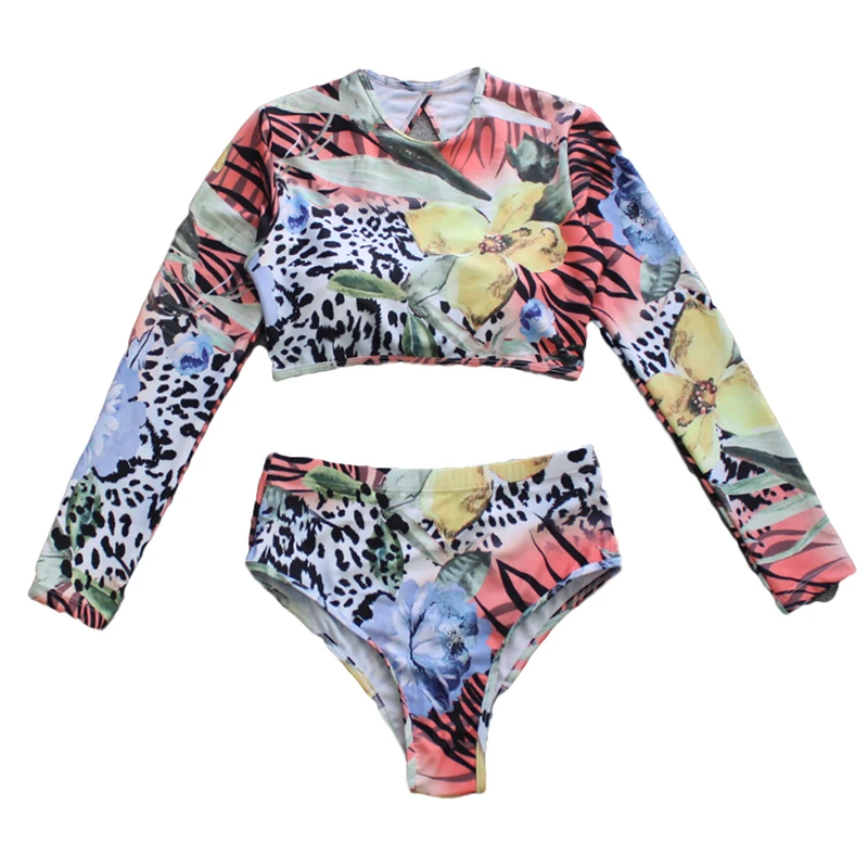 

2021 Womens Printed 1Pcs Swimsuit Long Sleeve Backless Crop Tops with Removable Breast Pad and High Waist Triangle Bottoms Sexy